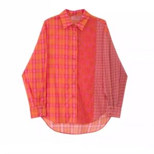 Colorblock Plaid Mixed Print Shirt